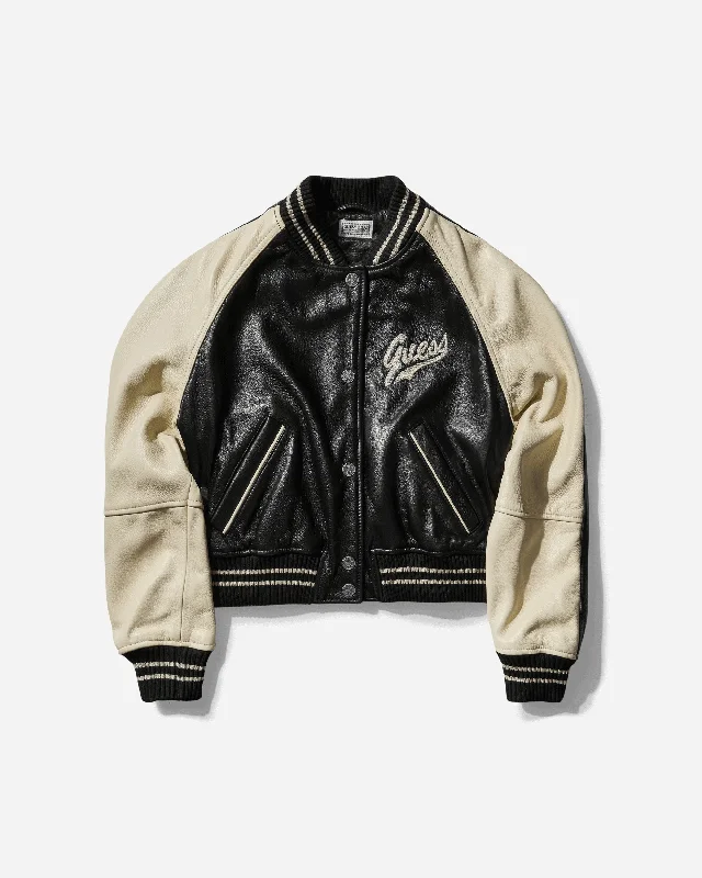 Women's Leather Varsity Jacket Jet Black