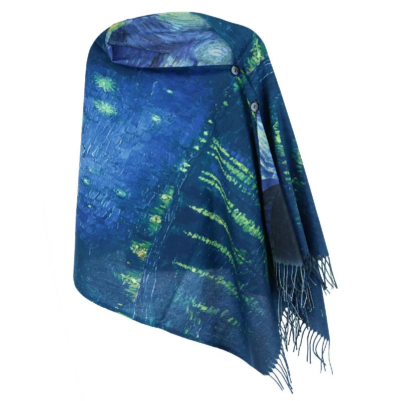 Women's Reversible Sueded Van Gogh Print Button Shawl