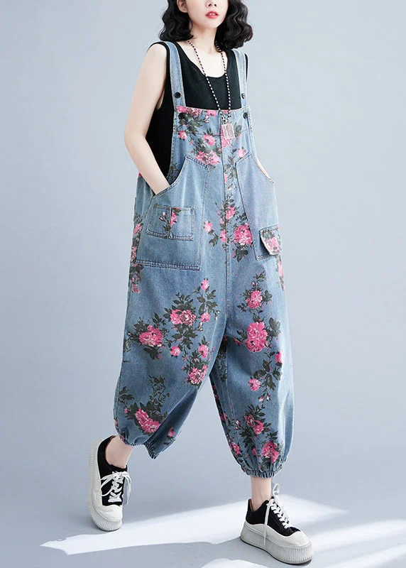 Bohemian Light Blue Oversize Print Pockets Denim Jumpsuits Summer