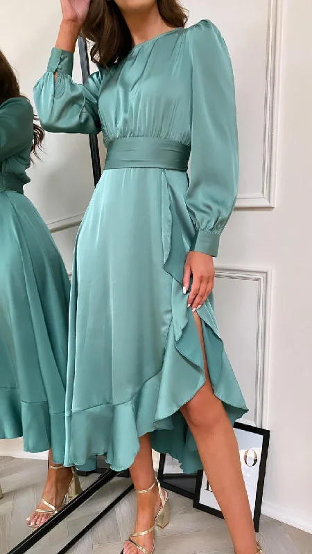 Amora Ocean Green Satin Frill Detail Midaxi Dress