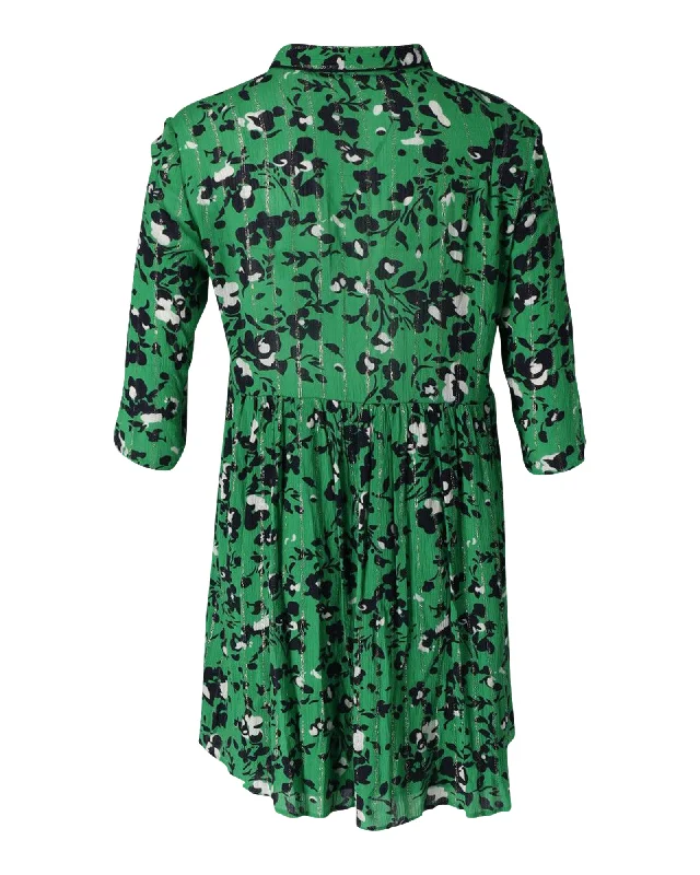 Ba&Sh Floral Button-Front Gathered Skirt Mini Dress in Green Viscose