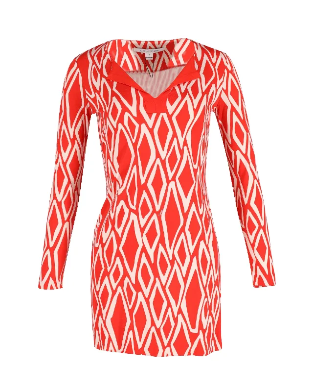 Diane Von Furstenberg Printed Mini Dress in Coral Red Silk