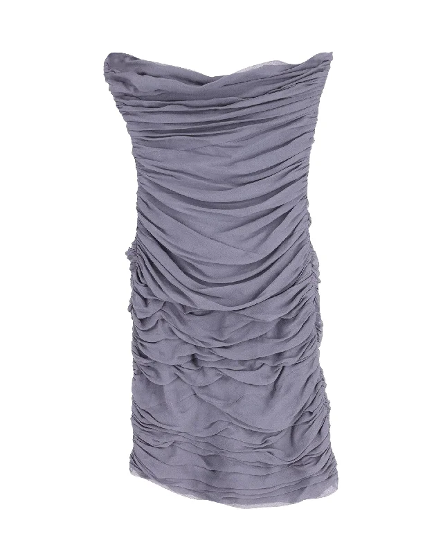 Diane Von Furstenberg Ruched Strapless Mini Dress in Grey Silk