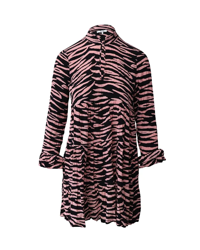 Ganni Leopard Print Long Sleeve Mini Dress in Black and Pink Viscose