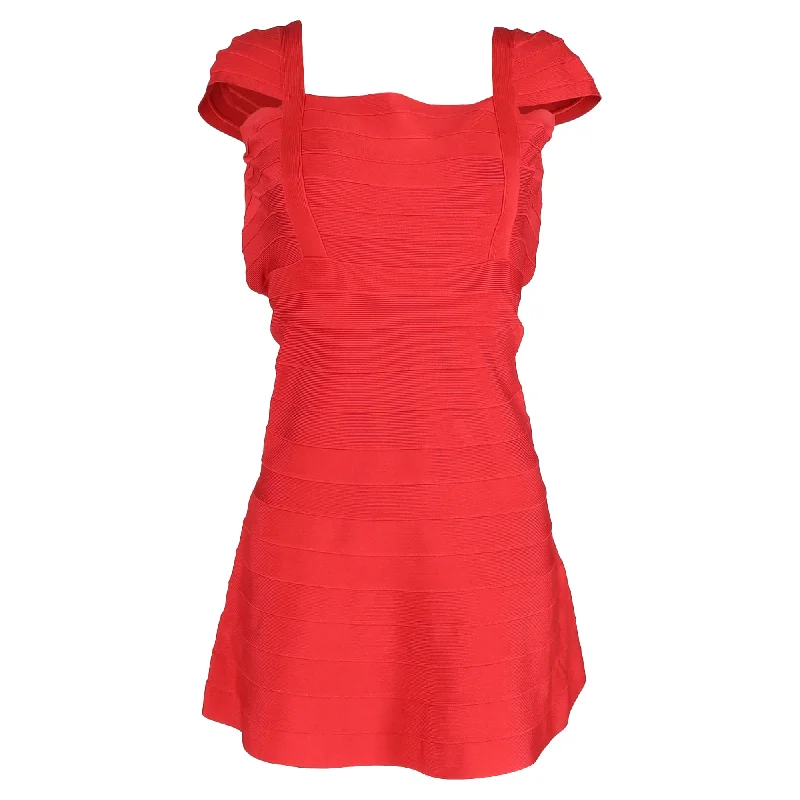 Herve Leger Mini Jude Square-Neck Dress in Red Rayon