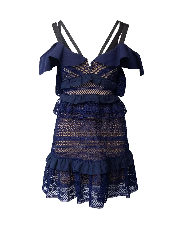 Self-Portrait Flounced Lace Mini Dress in Navy Blue Polyester