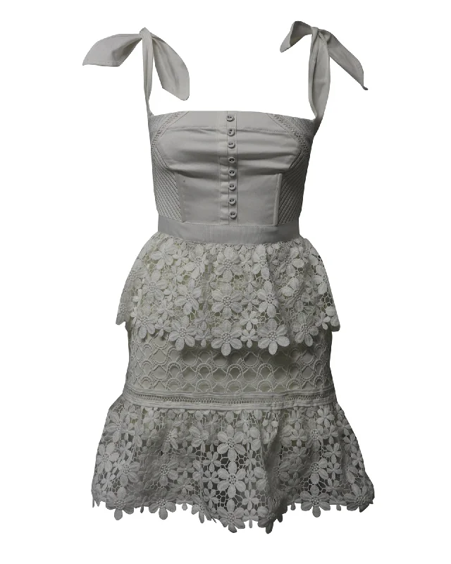 Self Portrait Ribbon Guipure Lace Tiered Mini Dress in White Polyester