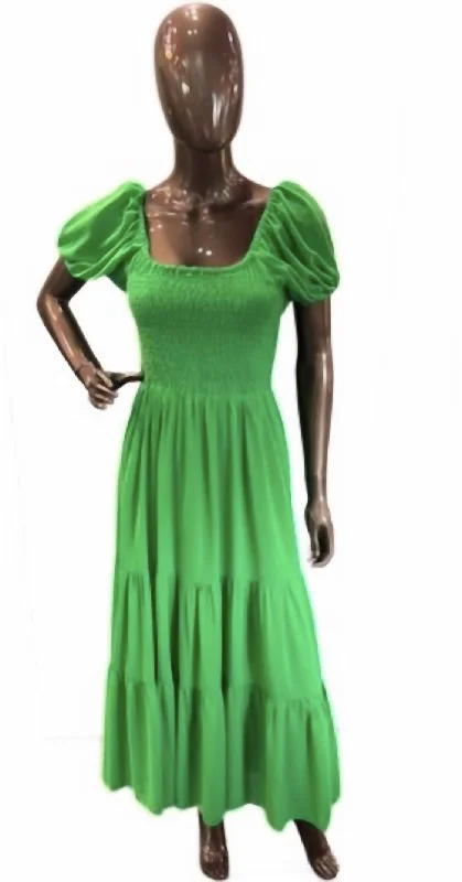 Green Puff Sleeve Tiered Maxi Dress