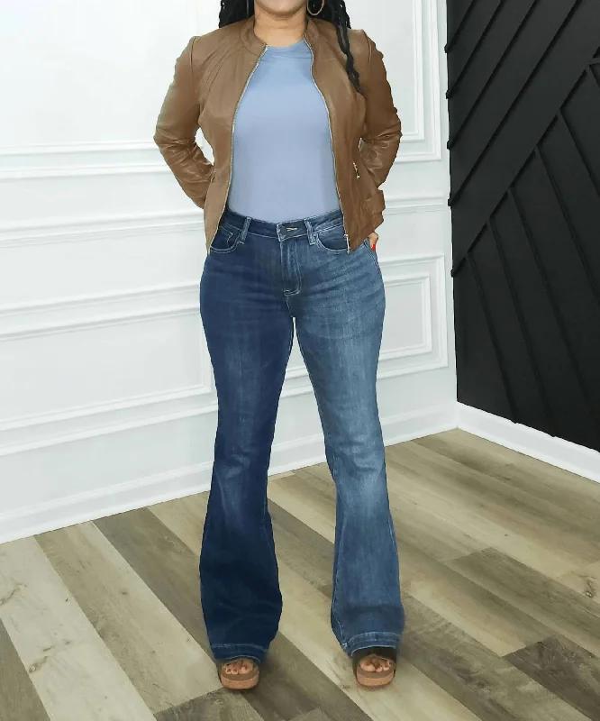 High Rise Two Tone Flare Jeans In Blue