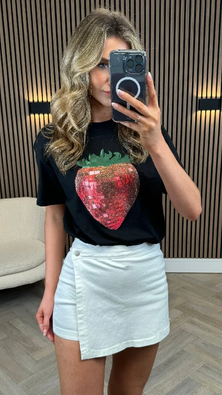 Naida Black Glitter Strawberry Print T-Shirt