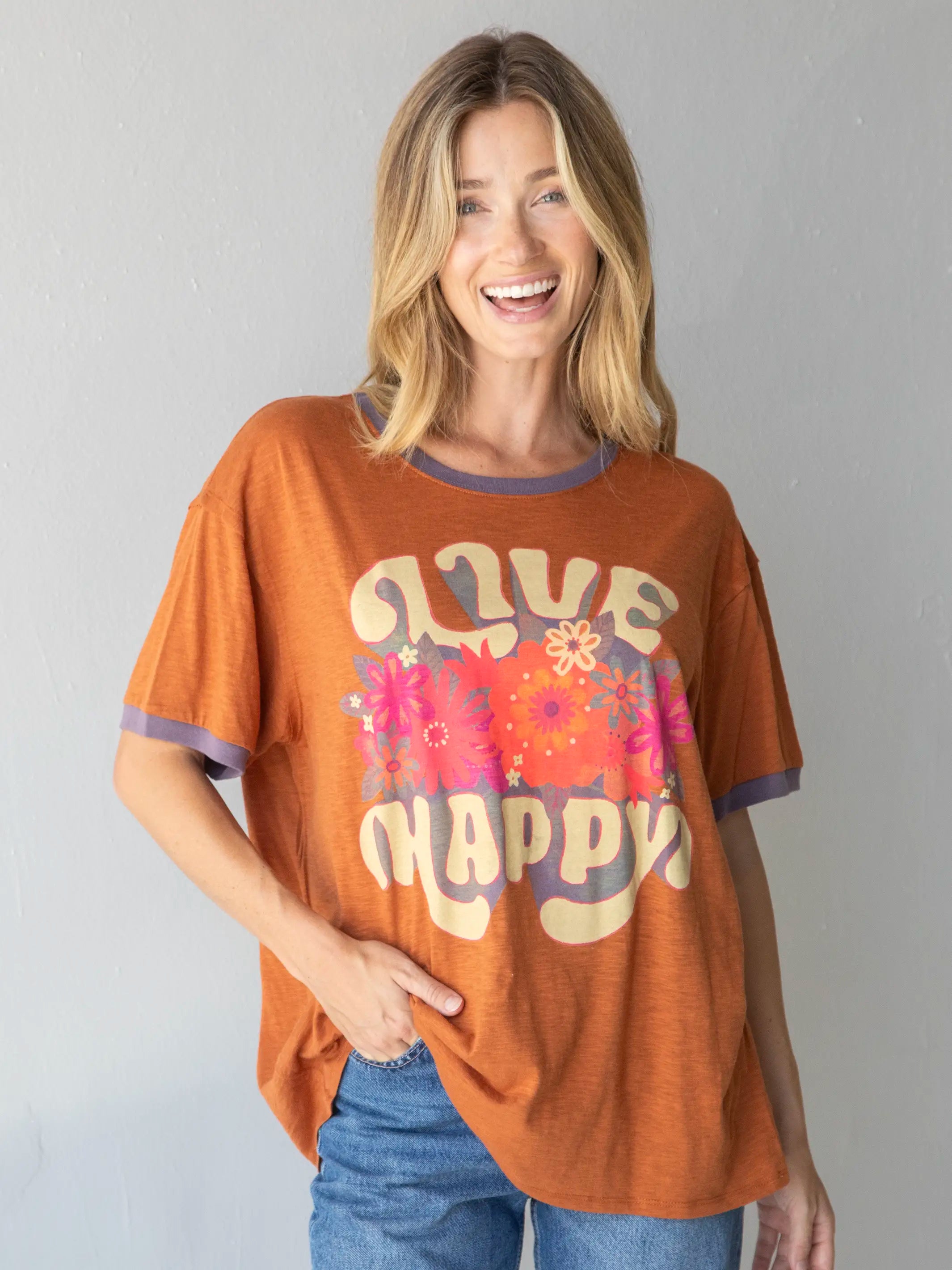 Ringer Oversized Tee Shirt - Burnt Orange Live Happy