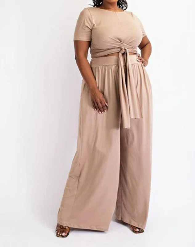 Wide Leg Two Piece Pants Set In Beige