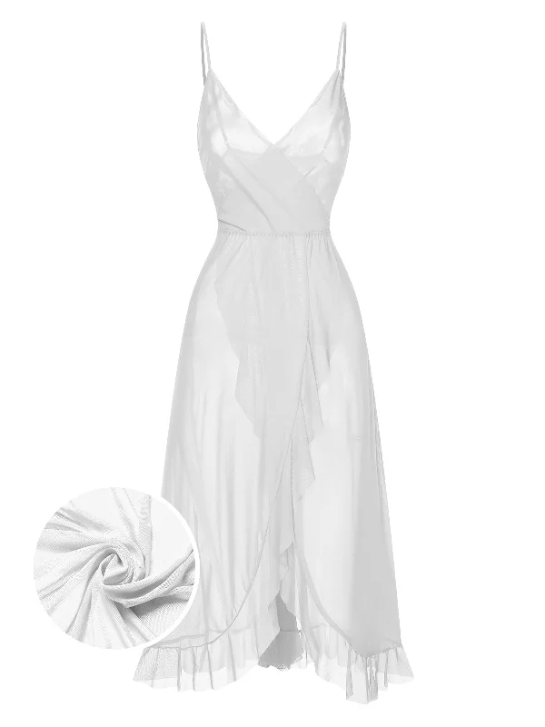 1930s Solid V-Neck Ruffle Sheer Nightgown