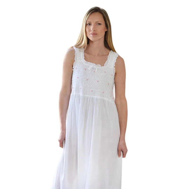 Ava Smocked Bodice Strappy Nightdress White with Pink Rosebuds