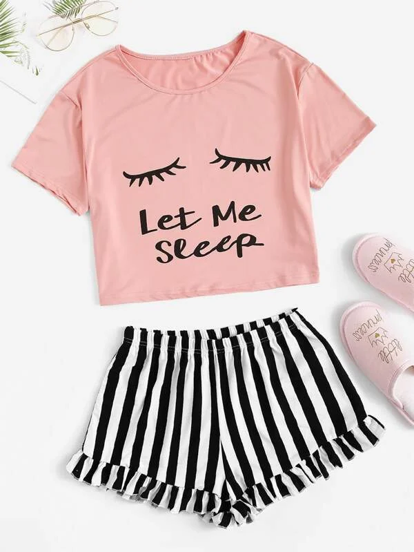 Eye and Letter Graphic Top & Ruffle Striped Shorts PJ Set for Women