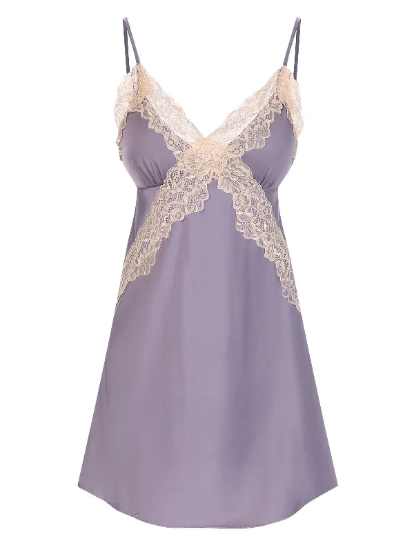 Lavender 1940s Lace Satin Patchwork Nightgown