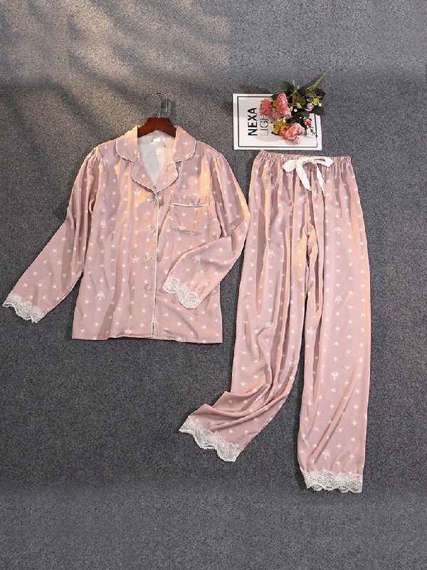 Pajamas Acetate Silk Lace Printed Long Sleeve Trousers Homewear for Women