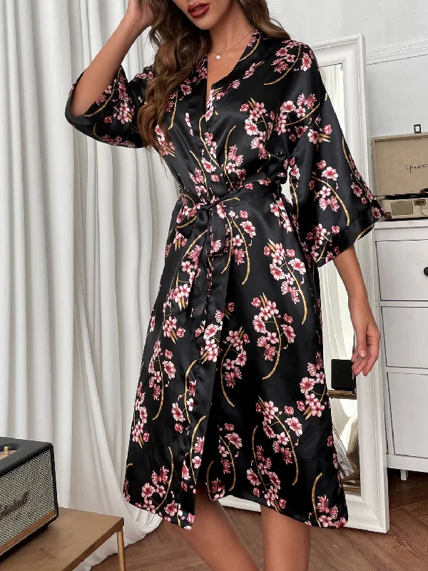 Pajamas Comfortable Acetate Silk Printed Belted Night Gown for Women