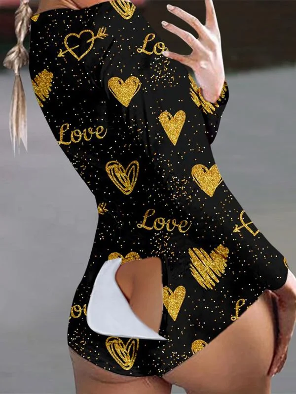 Pajamas Heart Print Button Flap Long Sleeve Pajamas for Women