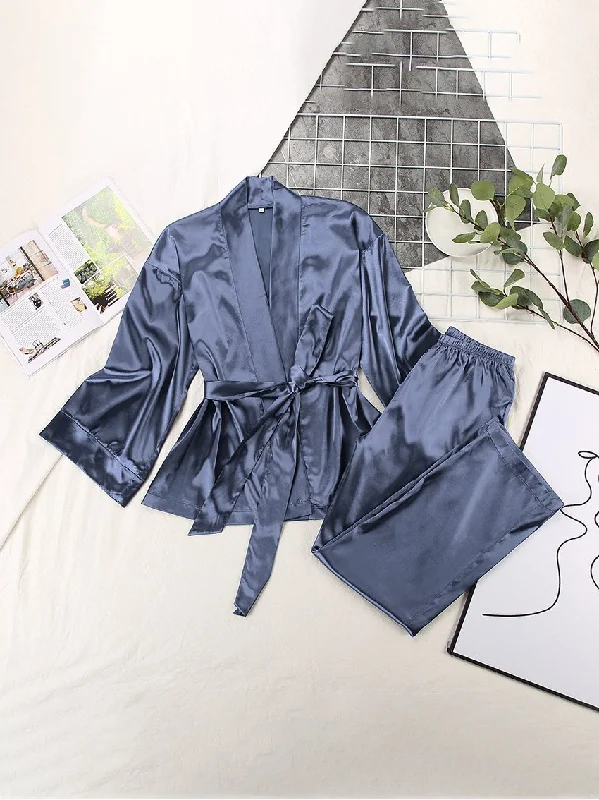 Pajamas Long Sleeve Cardigan Lace Nightgown Loose Pants Pajama Set for Women