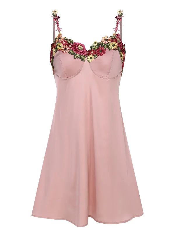 Pink 1950s Flower Embroidered Suspender Nightgown