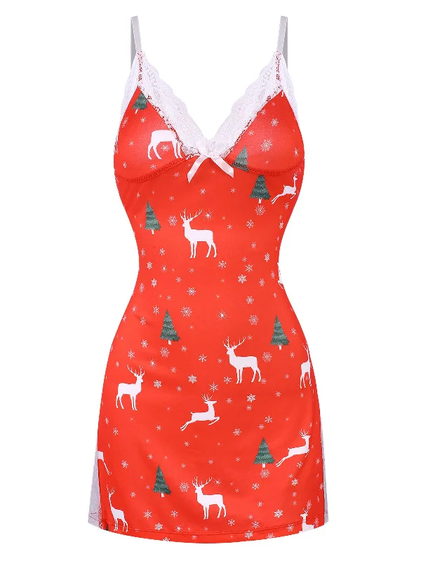 Red 1970s Spaghetti Strap Christmas Print Nightgown